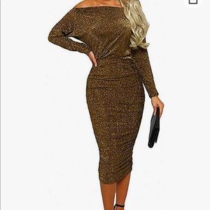 Silver - SZ. XL Womens Sexy Sparkly Glitter Long Sleeve One Off Shoulder Ruched